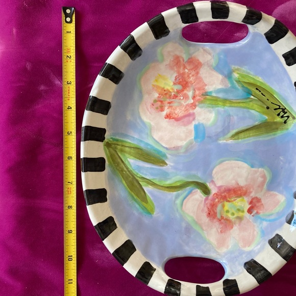Handmade Ceramic Pink Flowers Design Tray w/ Handles 11”x9.5” Original - Picture 2 of 14